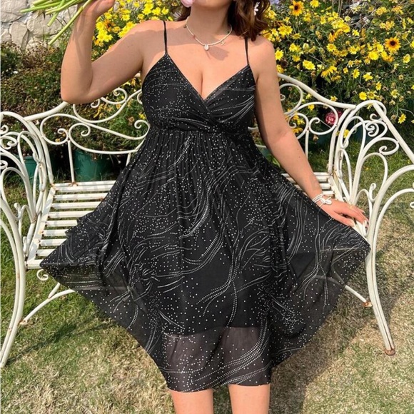 Elegant Plus Size Sheer Mesh Print Asymmetrical Hem Cami Evening Dress Black - Picture 2 of 3